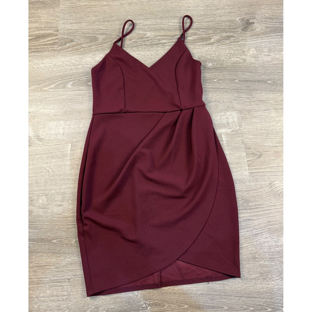 Lulus Womens Burgundy V-Neck Wrap Tulip Hem Bodycon Cocktail Dress Size M